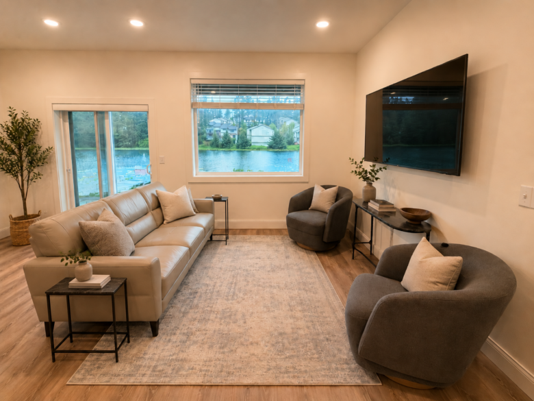 Living room in the Two-Bedroom Downstairs Lakeside Suite at Kodiak Suites